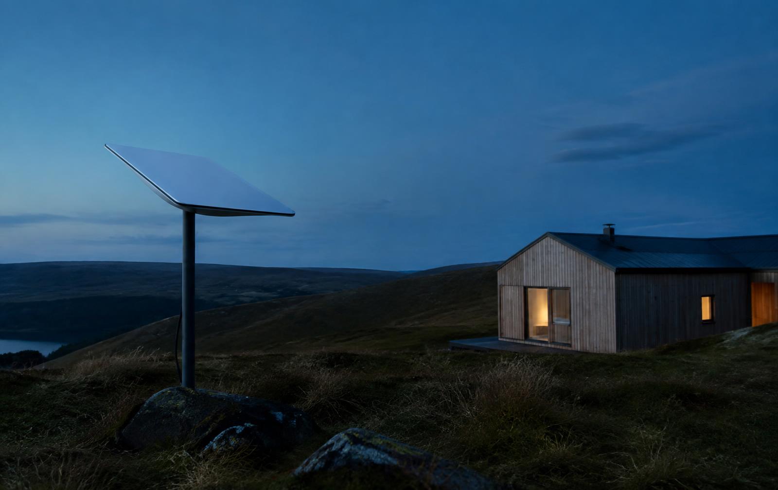 Satellite dish beside a remote cabin at dusk